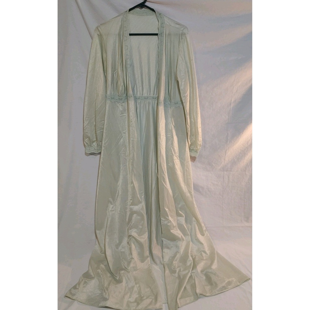 Miss Elaine Peignoir Long Silky Tie Robe Blue Nylon Large USA Lace Trim Sexy